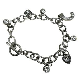 Silver Tone‎ Rhinestone Heart Charm Bracelet Toggle Clasp Jewelry Sz 7.25